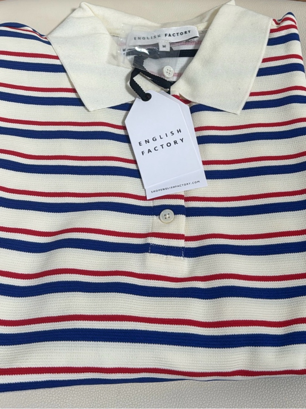 New! English Factory Cream Long Sleeve Polo Shirt w/ Red&Blue Stripes sz M